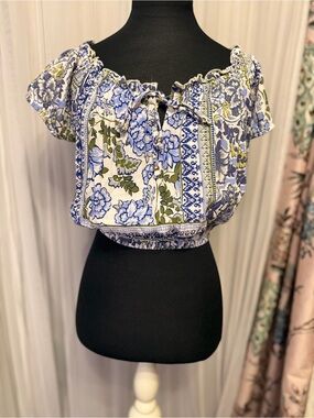 Angie Blue & White Floral Off-Shoulder Crop Top